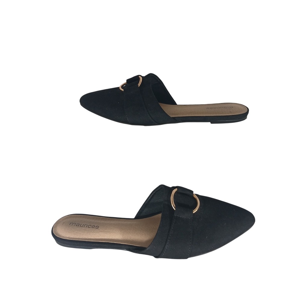 Maurices Natalie Black Fabric Pointed‎ Toe Mule Flats Gold Ring Buckle Mens 8M